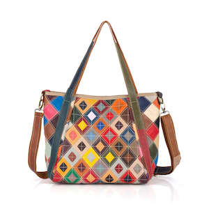 Tote Bags: Versatile Leather Tote Bag with Colorful Patchwork – Handheld, Shoulder & Crossbody