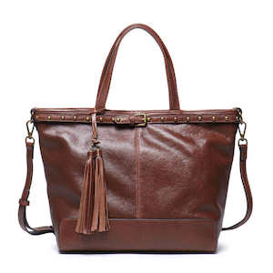 Tote Bags: Vintage Leather Shoulder Bag with Studs & Tassels