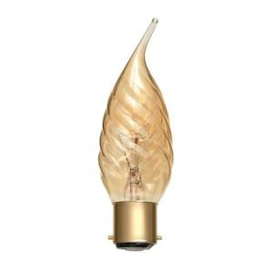 Candle: B22D 240V 55W BENT TIP TWISTED LANTERN GOLD