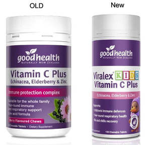 Products: Good Health Viralex® Kids Vitamin C Plus 100 Chewable Tablets - New Zealand Only = previously called Vitamin C Plus Echinacea, Elderberry and Zinc Tablets 150