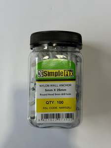 Building Supplies: [ATF1004] SimpleFix Tappet Nylon Round Head Wall Anchor 5 x 25mm