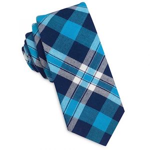 Dark Blue, Turquoise and White Tartan Plaid Skinny Tie