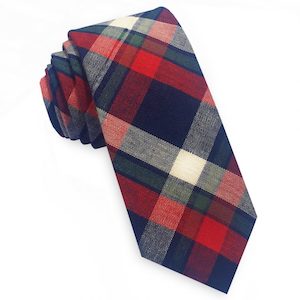 Products: Red, Dark Blue, White & Green Plaid Mens Skinny Tie