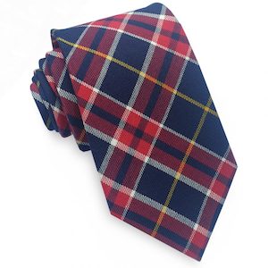 Red, Dark Blue, White & Yellow Plaid Mens Slim Tie