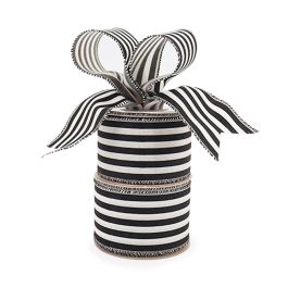 Fine Linen Stripe Ribbon Woven Edge 63mmx9m - Black/White Oceans Floral