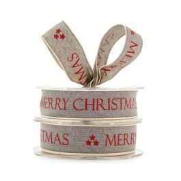 Linen Merry Christmas Ribbon Woven Edge 25mmx20m - Grey/Red Oceans Floral
