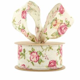 Linen Printed Flower Ribbon Wire Edge 50mmx10m - Hot Pink/Cream Oceans Floral