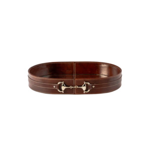 Decor: Oval Tan Leather Tray with Silver Horse Bit - Medium