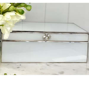 Storage: Glass Jewel Box White with Bee - Large