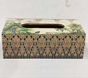 Decor: Tissue Box - Navy & Cream with Peacock