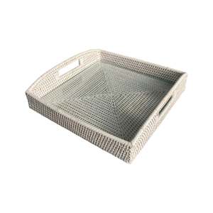 New: White Rattan Square Tray with Glass