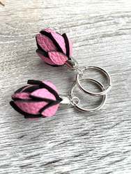 Leather Collection: Wild Flower Buds -Bubblegum pink on Silver Hoops