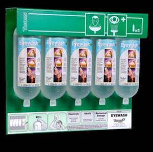 Tobin Buffer pH Neutralising Eyewash Solution with Wall-mounting Stand – 5 Bottles