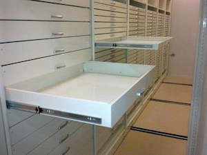 Shelving: Roll-out Shelving Drawers for Panel Shelving System