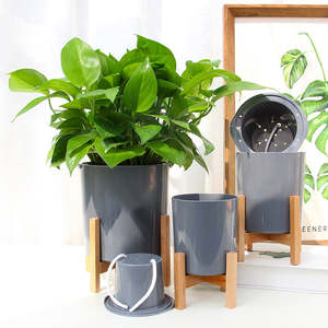 Home Living Home Decor Indoor Pots Planters: Modern Gray Plastic Plant Pot with Wood Stand - Small