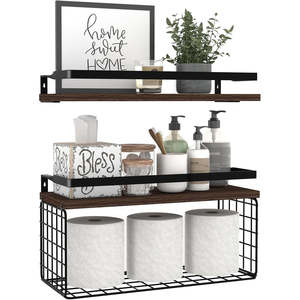 Floating Bathroom Shelves with Wire Basket