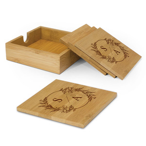 Wreath Initials Bamboo Coaster Set with Holder