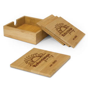 Wooden Coasters: Sunflower Family Bamboo Coaster Set with Holder