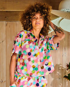 Clothing: KIP & CO - Confetti Pink Organic Cotton - Short Sleeve Shirt & Short Pyjama Set