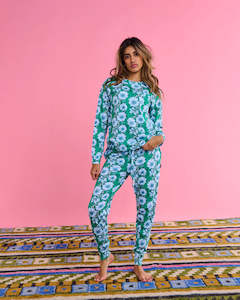 KIP & CO - Tumbling Flowers Green - Organic Cotton Long Sleeve Pyjama Top & Slouch Pant