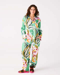 Lifestyle: KIP & CO - Somerset Green Eco Satin - Long Sleeve Shirt & Pant Pyjama Set