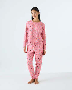 Lifestyle: KIP & CO - Polkadot Pink - Adult Organic Cotton Long Sleeve Pyjama Top & Slouch Pant