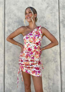 35 Dress Rentals: Stella Asymmetric Ruched Mini Dress - Pink Peach Floral