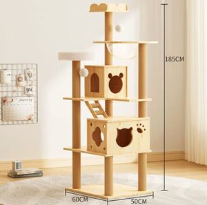 185cm Tall "Paw & Cloud" Wooden Cat Tree – Plush Perch, Space Capsule & Cute Condos
