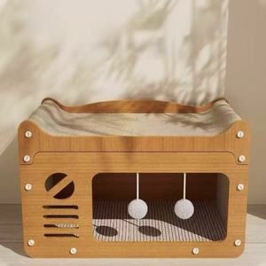 All: 2-in-1 Wooden Cat Scratcher House with Lounge Bed & Toys