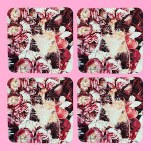cat: Peony Kitten - Square Coaster - set of 4
