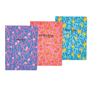 Stationery: Parrs Notebooks Soft Cover Kia Ora Florals Patterns A5 3pk
