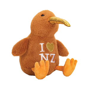 Soft Toys: Kiwi Toy Sitting with Gold Beak & I Heart NZ 23cm