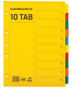 Stationery Ar: Indices Warwick A4 10 Tab Coloured - Stationery-Filing : Onehunga Books & Stationery - WARWICK INDICES CORE SMALL BTS2025