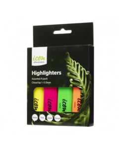 Stationery Ar: ICON HIGHLIGHTER CHISEL TIP PACK OF 4 - Stationery-Writing : Onehunga Books & Stationery - ICON HIGHLIGHTERS OPTIONAL BTS2026