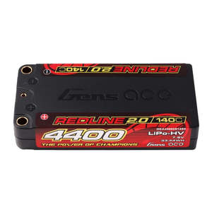 Lipo Batteries: GENS ACE Redline 2.0 4400mAh 2S 7.6V 140C HardCase HV Shorty Lipo Battery