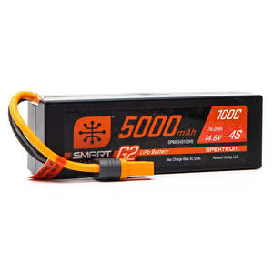 Lipo Batteries: SPEKTRUM 5000mAh 4S 14.8V Smart G2 LiPo Battery, 100C IC5 Hardcase