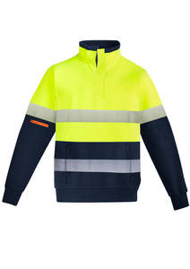 Flame Retardant Workwear: Mens Orange Flame Hi Vis 1/4 Zip Brushed Fleece Pullover - Hoop Taped ZT150