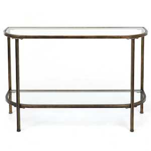 Hamptons Tables: Palladium Curved Glass Console Table Brass