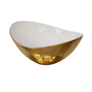 Home Decor: Elsa Curved Bowl White Gloss Large w/ Gold Detail