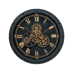 Gears Wall Clock Black with Gold Roman Numerals
