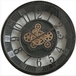 Wall Clock: Black Bezel with Gold Gears Wall Clock