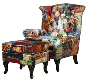 Chairs Bar Stools: Franklin Patchwork Wingback Armchair with Ottoman - Leopard