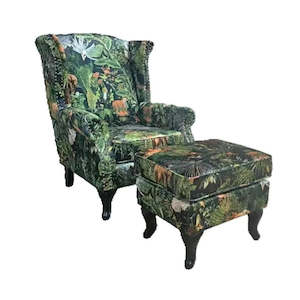 Franklin Wingback Patchwork Armchair with Ottoman- Green Forest