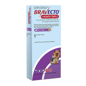 Bravecto: Bravecto 1 Month Triple Chew For XX-Small Dog 1.27 to 2.5kg - 1 Chew