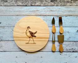Serving Platters: Wooden Cheese Board - Pukeko + 4 piece cheese knives
