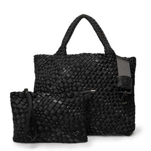 preneLove London Large Woven Neoprene Tote Bag with Wrist Clutch Nero & Metallic