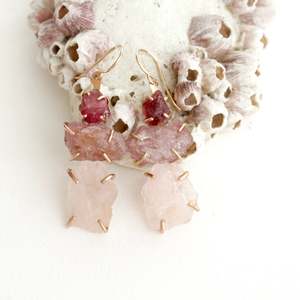 Earrings: Alana Douvros Pink Spinel and Rose Quartz Ladder Earrings