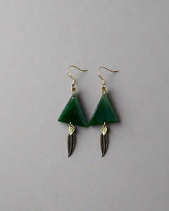 Pounamu Earrings with Gold Feather Detail