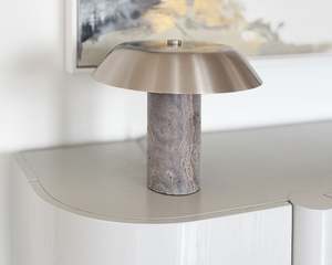 Furniture: Bruno Table Lamp | Stainless Steel & Dark River Travertine