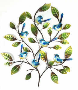 Wall Art: Fantails blue in tree metal wall art